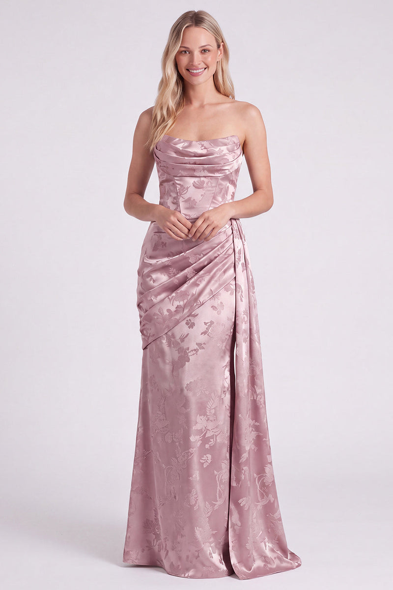 Laden Sie das Bild in den Galerie-Viewer, Satin-Salbei-Trägerloses, gerafftes Meerjungfrauen-Floral-Langbrautjungfernkleid mit Schärpe