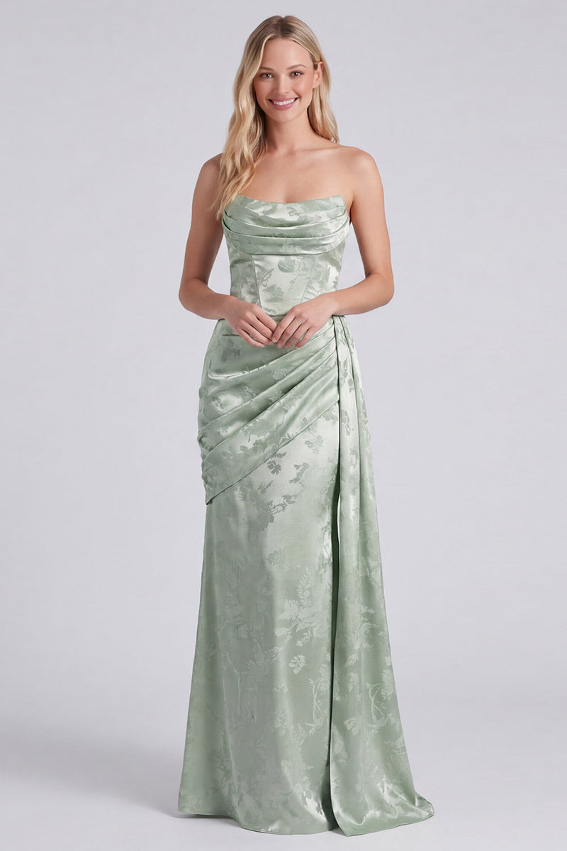 Laden Sie das Bild in den Galerie-Viewer, Satin-Salbei-Trägerloses, gerafftes Meerjungfrauen-Floral-Langbrautjungfernkleid mit Schärpe