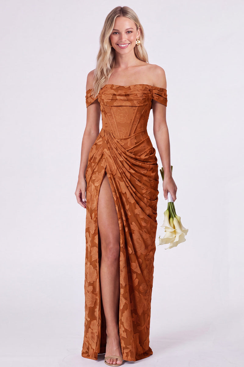 Laden Sie das Bild in den Galerie-Viewer, Salbei-Off-the-Shoulder-Korsett, Blumen-Meerjungfrauen, gerafftes langes Brautjungfernkleid mit Schlitz