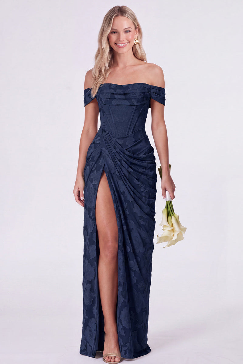 Laden Sie das Bild in den Galerie-Viewer, Salbei-Off-the-Shoulder-Korsett, Blumen-Meerjungfrauen, gerafftes langes Brautjungfernkleid mit Schlitz