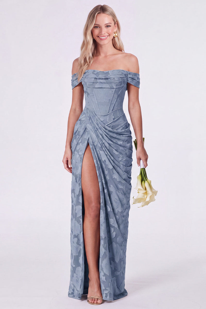 Laden Sie das Bild in den Galerie-Viewer, Salbei-Off-the-Shoulder-Korsett, Blumen-Meerjungfrauen, gerafftes langes Brautjungfernkleid mit Schlitz