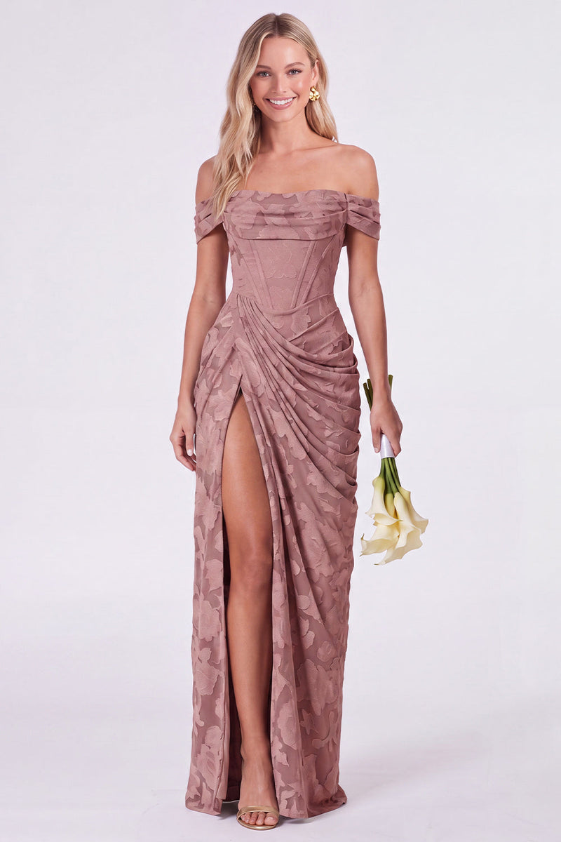 Laden Sie das Bild in den Galerie-Viewer, Salbei-Off-the-Shoulder-Korsett, Blumen-Meerjungfrauen, gerafftes langes Brautjungfernkleid mit Schlitz