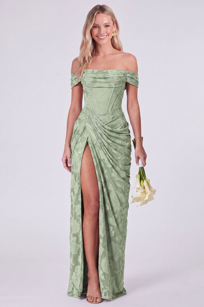 Laden Sie das Bild in den Galerie-Viewer, Salbei-Off-the-Shoulder-Korsett, Blumen-Meerjungfrauen, gerafftes langes Brautjungfernkleid mit Schlitz