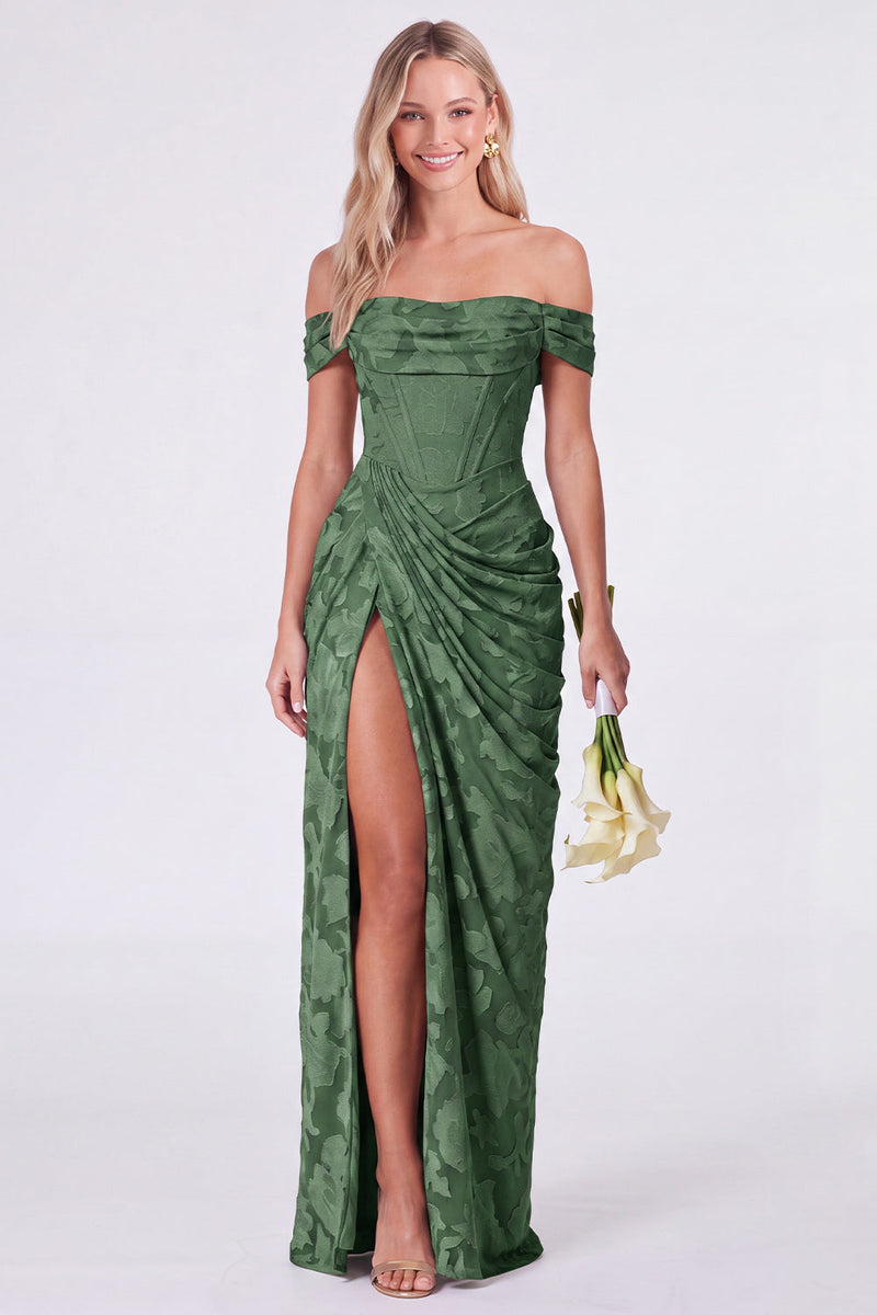 Laden Sie das Bild in den Galerie-Viewer, Salbei-Off-the-Shoulder-Korsett, Blumen-Meerjungfrauen, gerafftes langes Brautjungfernkleid mit Schlitz