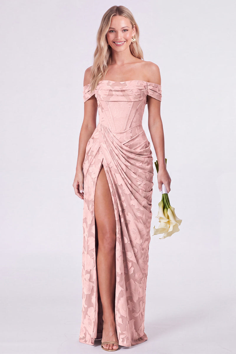 Laden Sie das Bild in den Galerie-Viewer, Salbei-Off-the-Shoulder-Korsett, Blumen-Meerjungfrauen, gerafftes langes Brautjungfernkleid mit Schlitz