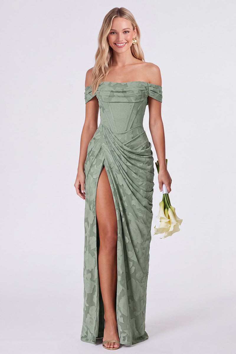 Laden Sie das Bild in den Galerie-Viewer, Salbei-Off-the-Shoulder-Korsett, Blumen-Meerjungfrauen, gerafftes langes Brautjungfernkleid mit Schlitz