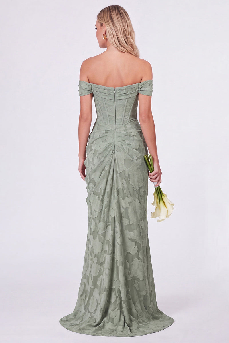 Laden Sie das Bild in den Galerie-Viewer, Salbei-Off-the-Shoulder-Korsett, Blumen-Meerjungfrauen, gerafftes langes Brautjungfernkleid mit Schlitz