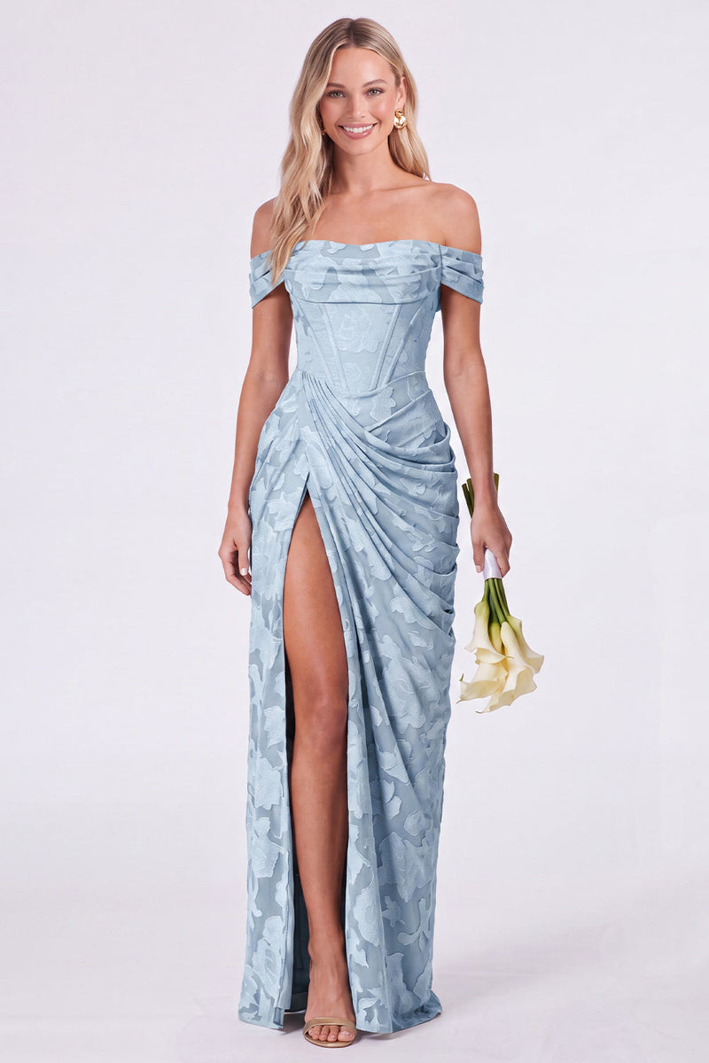 Laden Sie das Bild in den Galerie-Viewer, Salbei-Off-the-Shoulder-Korsett, Blumen-Meerjungfrauen, gerafftes langes Brautjungfernkleid mit Schlitz