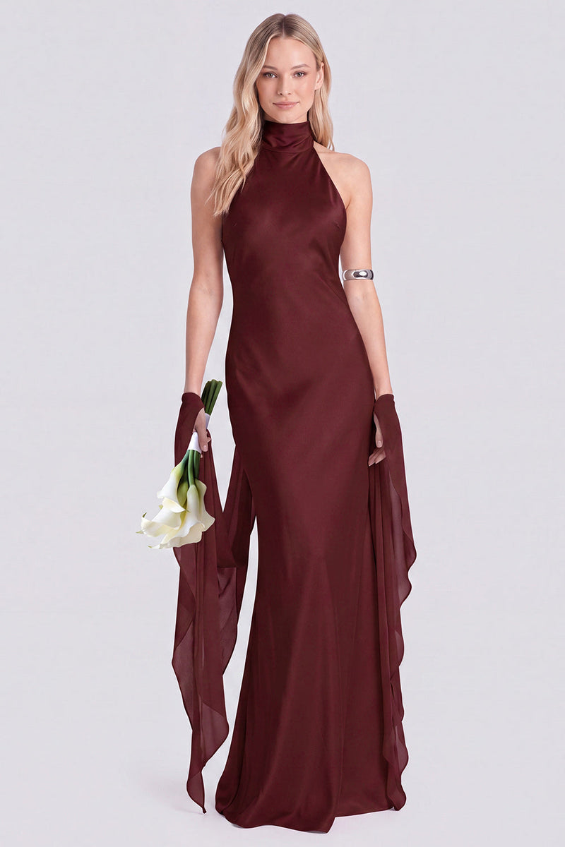 Laden Sie das Bild in den Galerie-Viewer, Pinkes Neckholder-Satin-Meerjungfrauen-Langes Brautjungfernkleid