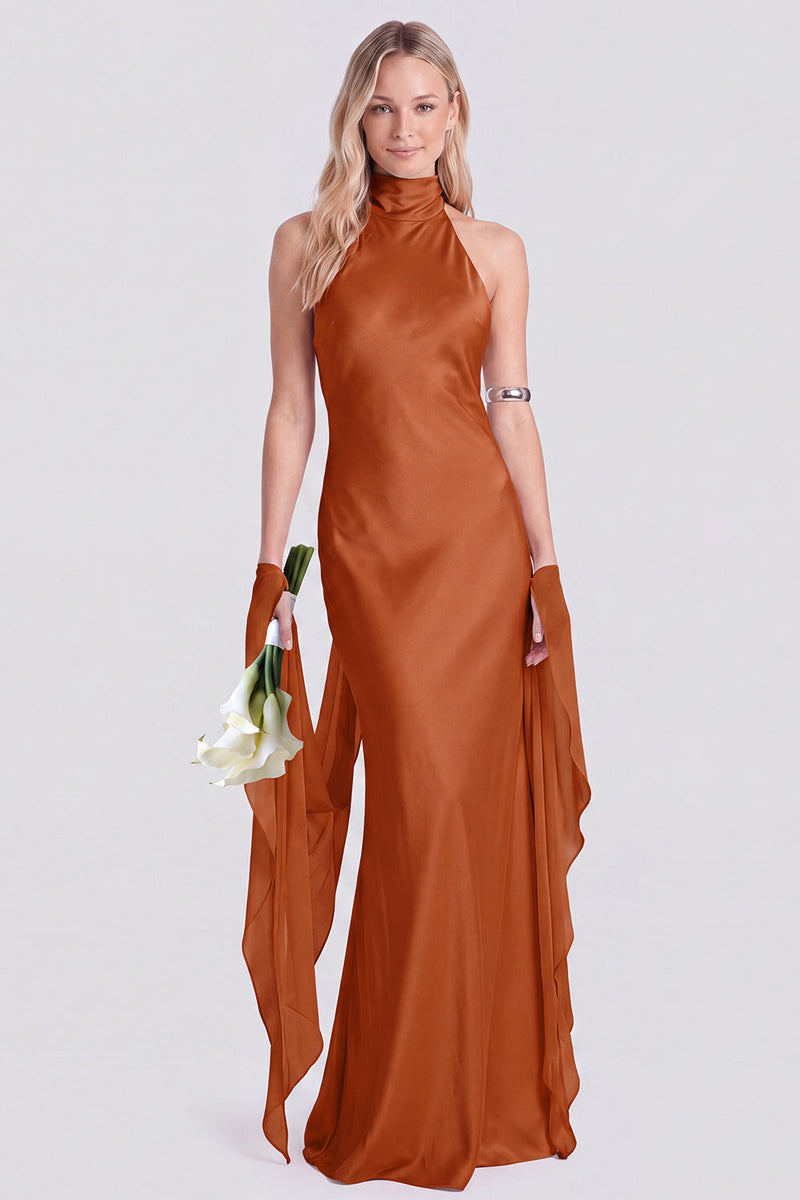 Laden Sie das Bild in den Galerie-Viewer, Pinkes Neckholder-Satin-Meerjungfrauen-Langes Brautjungfernkleid