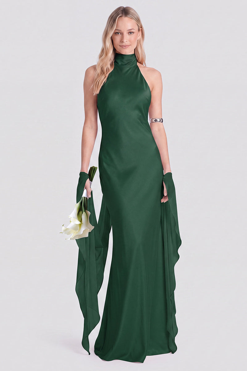 Laden Sie das Bild in den Galerie-Viewer, Pinkes Neckholder-Satin-Meerjungfrauen-Langes Brautjungfernkleid