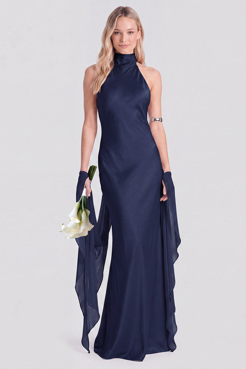 Laden Sie das Bild in den Galerie-Viewer, Pinkes Neckholder-Satin-Meerjungfrauen-Langes Brautjungfernkleid