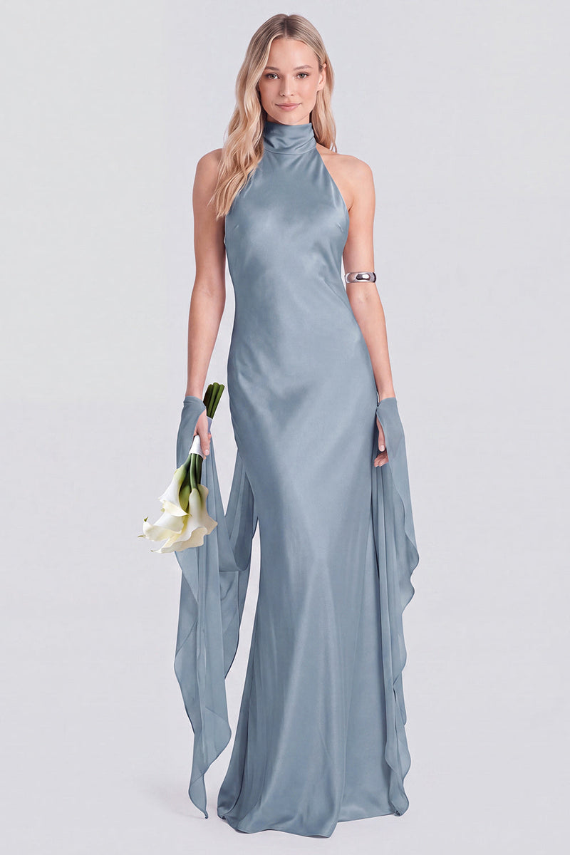 Laden Sie das Bild in den Galerie-Viewer, Pinkes Neckholder-Satin-Meerjungfrauen-Langes Brautjungfernkleid