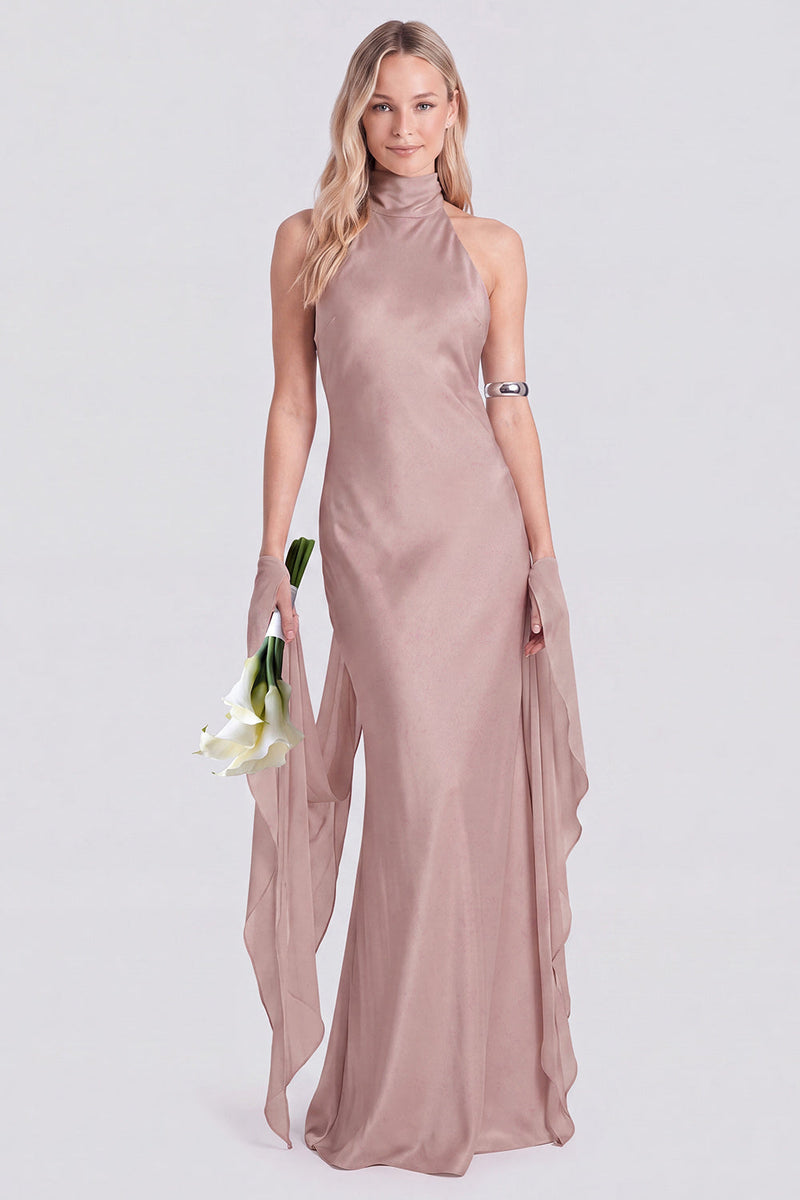Laden Sie das Bild in den Galerie-Viewer, Pinkes Neckholder-Satin-Meerjungfrauen-Langes Brautjungfernkleid