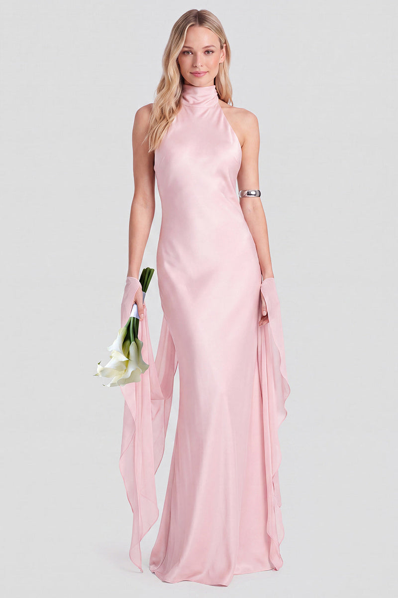 Laden Sie das Bild in den Galerie-Viewer, Pinkes Neckholder-Satin-Meerjungfrauen-Langes Brautjungfernkleid