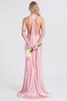 Laden Sie das Bild in den Galerie-Viewer, Pinkes Neckholder-Satin-Meerjungfrauen-Langes Brautjungfernkleid