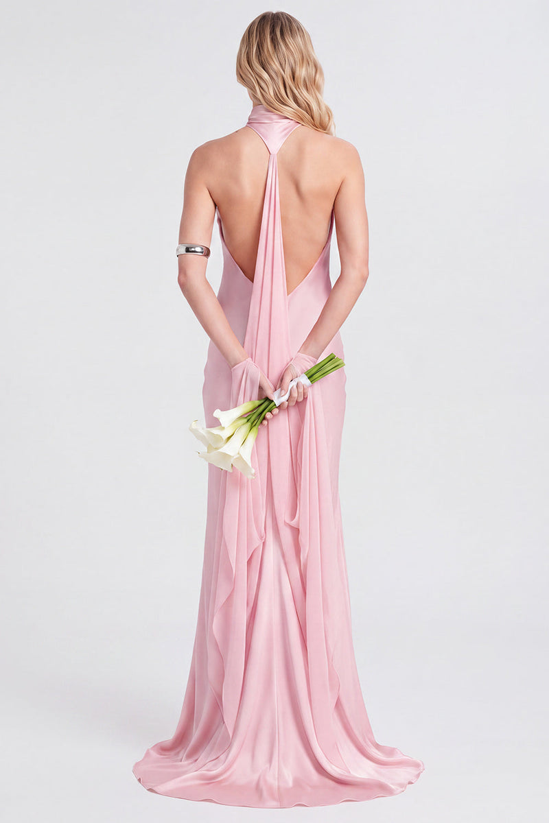 Laden Sie das Bild in den Galerie-Viewer, Pinkes Neckholder-Satin-Meerjungfrauen-Langes Brautjungfernkleid