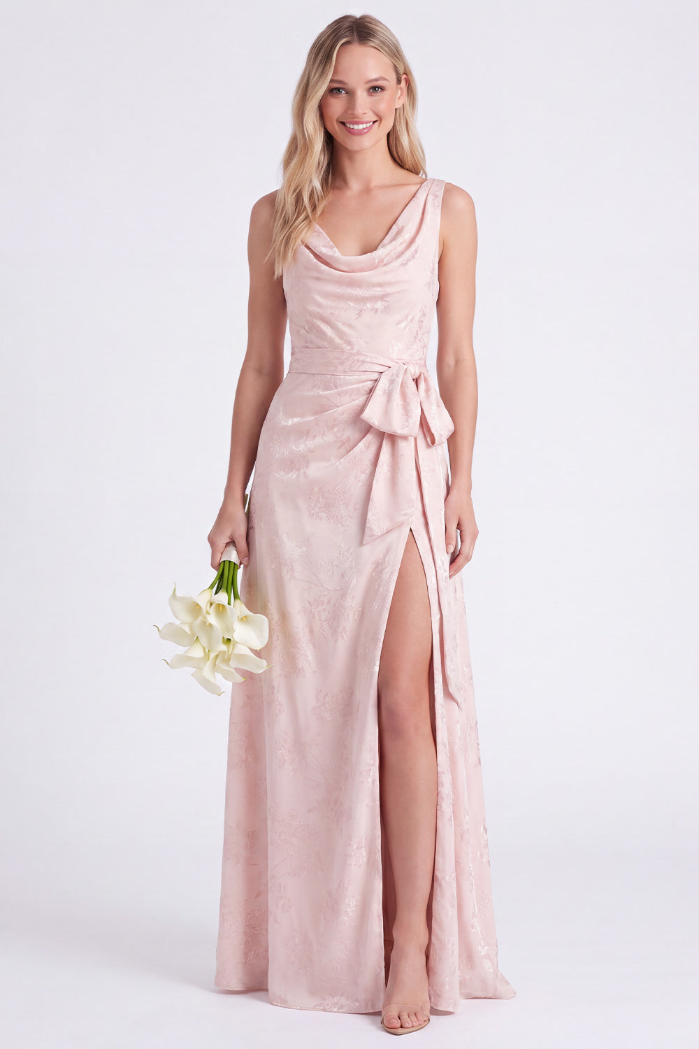 Rosa Blumen A-Linie Gürtel Langes Brautjungfernkleid mit Schlitz