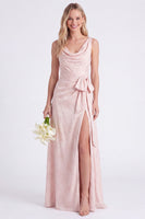 Laden Sie das Bild in den Galerie-Viewer, Pinker Blumenhals mit A-Linien-Gürtel, langes Brautjungfernkleid mit Schlitz