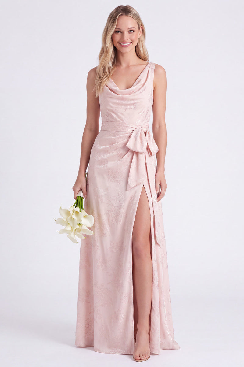Laden Sie das Bild in den Galerie-Viewer, Pinker Blumenhals mit A-Linien-Gürtel, langes Brautjungfernkleid mit Schlitz