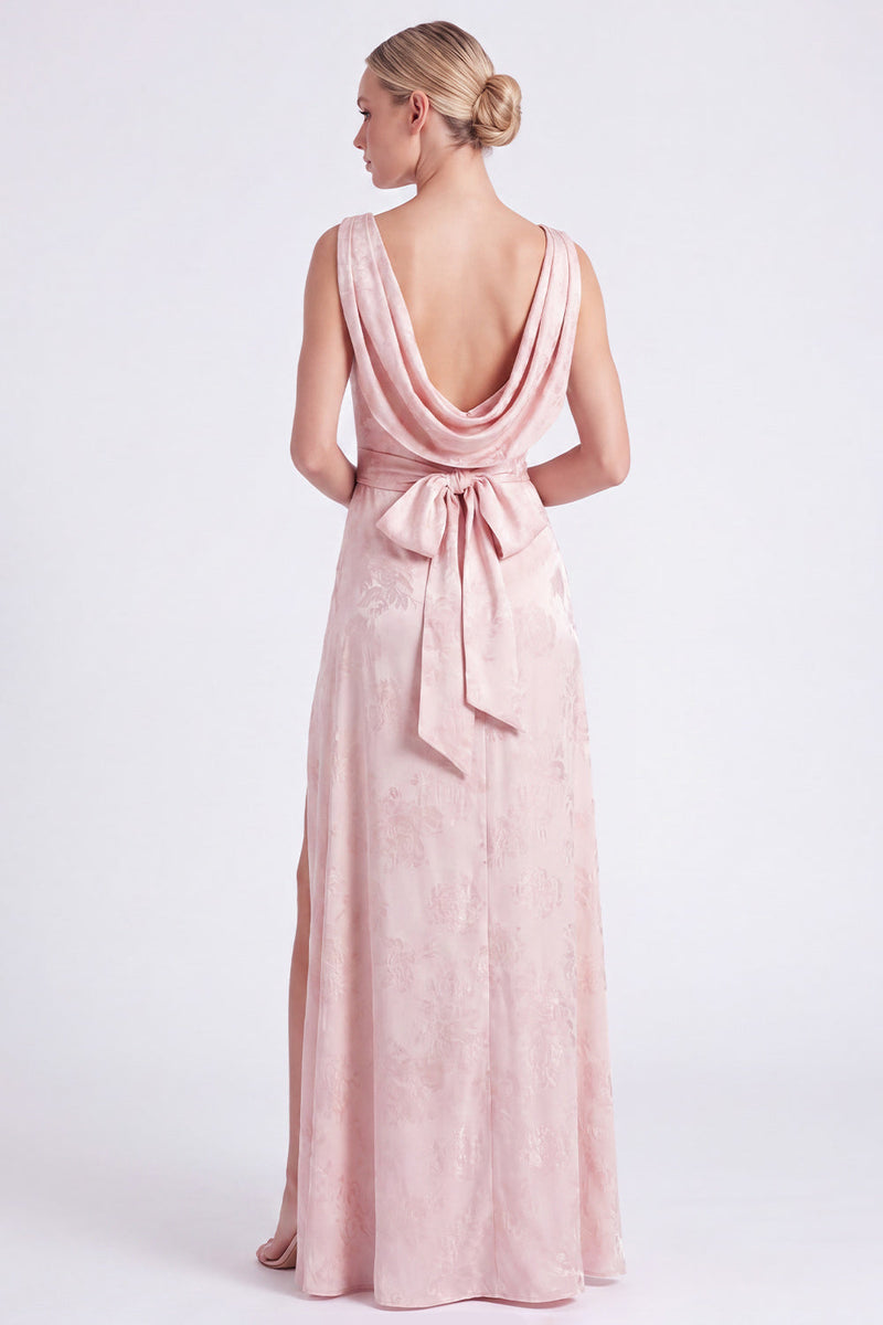 Laden Sie das Bild in den Galerie-Viewer, Pinker Blumenhals mit A-Linien-Gürtel, langes Brautjungfernkleid mit Schlitz