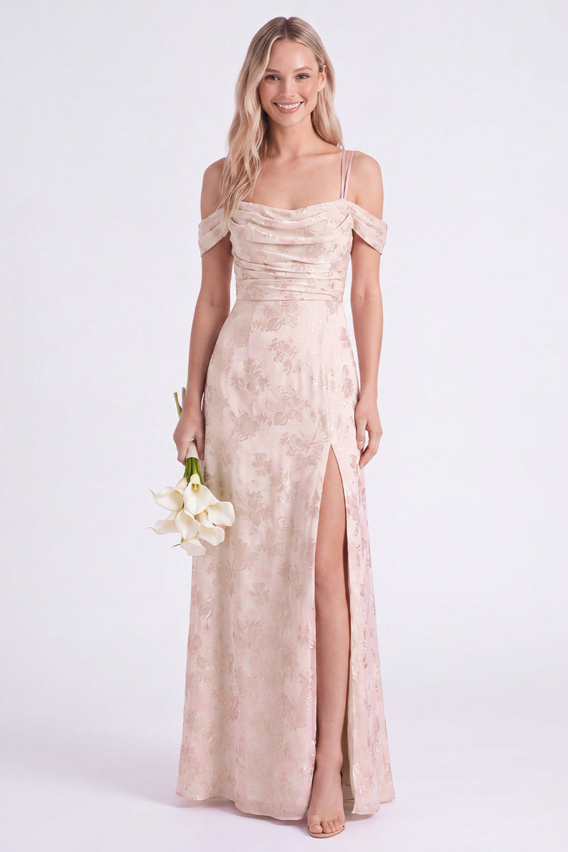 Laden Sie das Bild in den Galerie-Viewer, Rosa Cold-Shoulder-Blumen, geraffte A-Linie-Spitze hinten, langes Brautjungfernkleid mit Schlitz