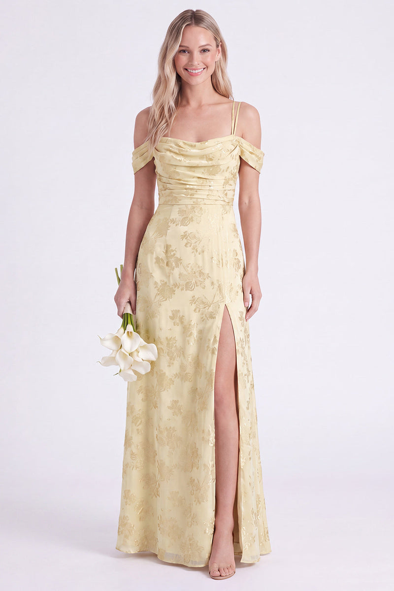Laden Sie das Bild in den Galerie-Viewer, Rosa Cold-Shoulder-Blumen, geraffte A-Linie-Spitze hinten, langes Brautjungfernkleid mit Schlitz