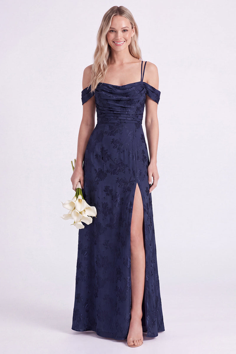 Laden Sie das Bild in den Galerie-Viewer, Rosa Cold-Shoulder-Blumen, geraffte A-Linie-Spitze hinten, langes Brautjungfernkleid mit Schlitz