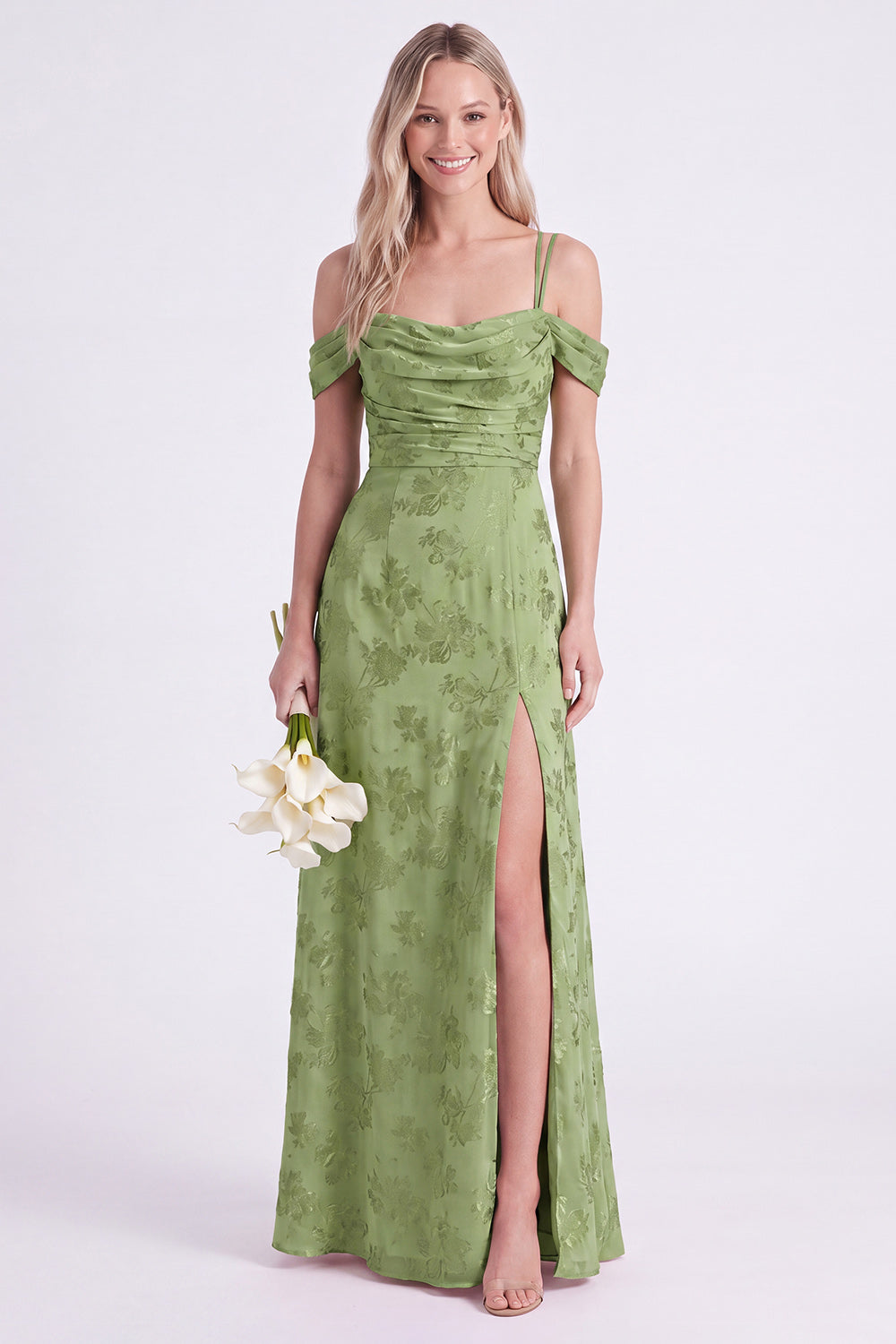 Rosa Cold-Shoulder Blumen Geraffte A-Linie Schnürung hinten Langes Brautjungfernkleid mit Schlitz