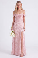 Laden Sie das Bild in den Galerie-Viewer, Rosa Cold-Shoulder-Blumen, geraffte A-Linie-Spitze hinten, langes Brautjungfernkleid mit Schlitz