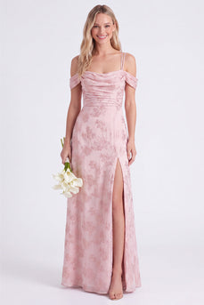 Rosa Cold-Shoulder Blumen Geraffte A-Linie Schnürung hinten Langes Brautjungfernkleid mit Schlitz