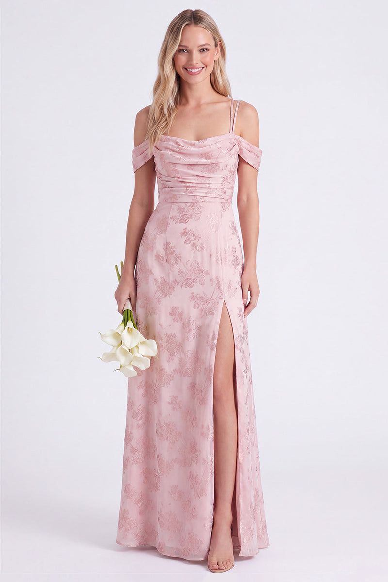 Laden Sie das Bild in den Galerie-Viewer, Rosa Cold-Shoulder-Blumen, geraffte A-Linie-Spitze hinten, langes Brautjungfernkleid mit Schlitz