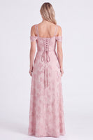 Laden Sie das Bild in den Galerie-Viewer, Rosa Cold-Shoulder-Blumen, geraffte A-Linie-Spitze hinten, langes Brautjungfernkleid mit Schlitz