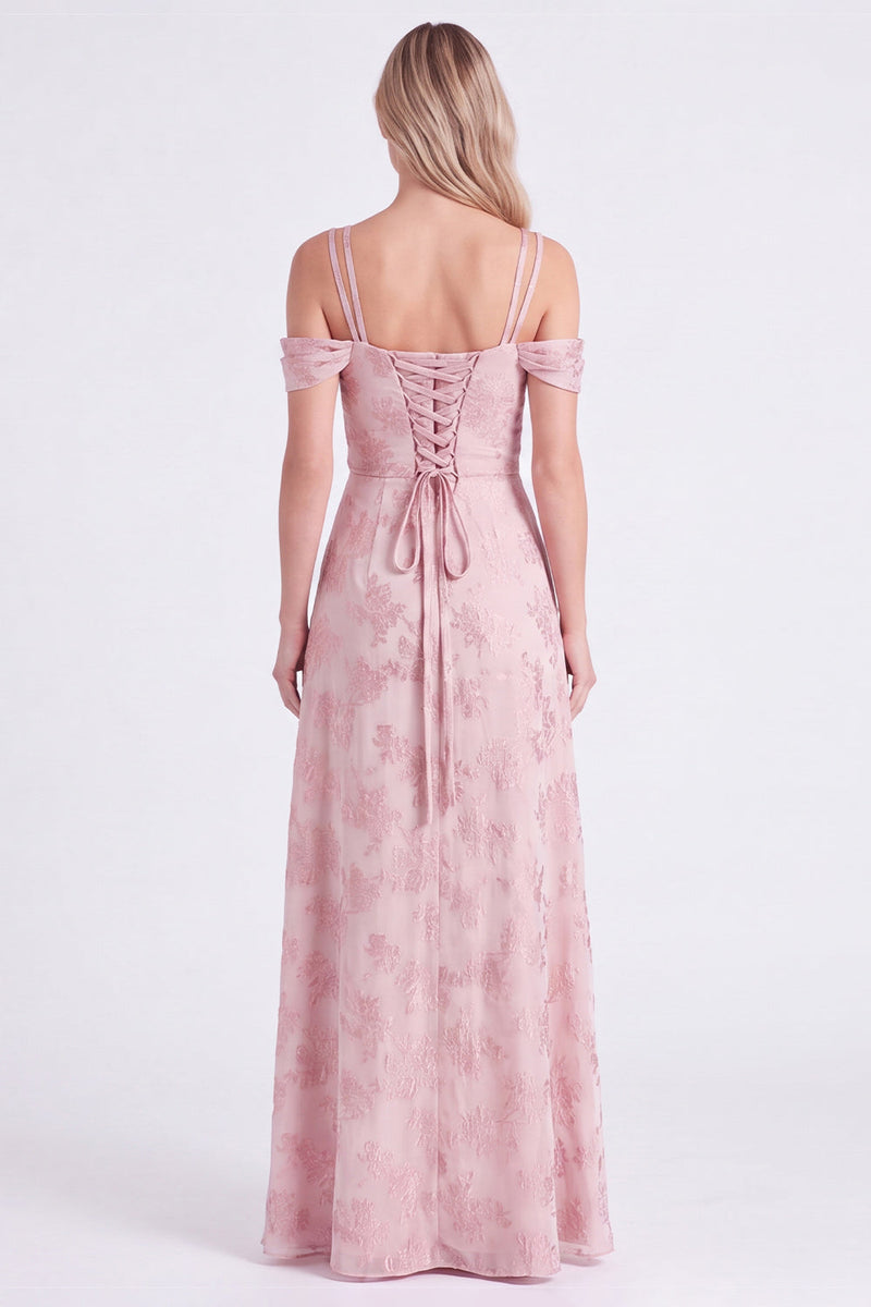 Laden Sie das Bild in den Galerie-Viewer, Rosa Cold-Shoulder-Blumen, geraffte A-Linie-Spitze hinten, langes Brautjungfernkleid mit Schlitz