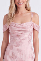 Laden Sie das Bild in den Galerie-Viewer, Rosa Cold-Shoulder-Blumen, geraffte A-Linie-Spitze hinten, langes Brautjungfernkleid mit Schlitz