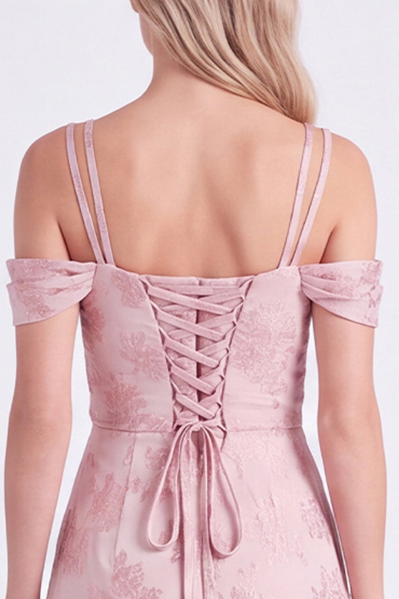 Laden Sie das Bild in den Galerie-Viewer, Rosa Cold-Shoulder-Blumen, geraffte A-Linie-Spitze hinten, langes Brautjungfernkleid mit Schlitz
