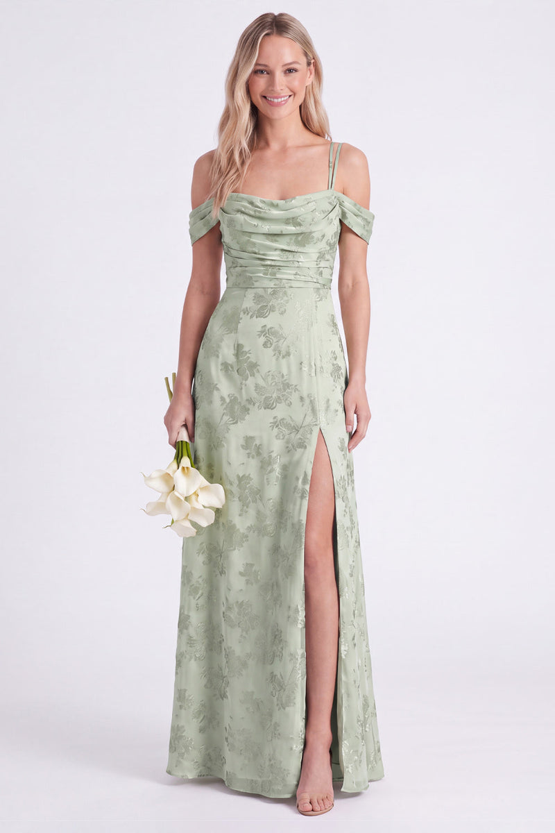 Laden Sie das Bild in den Galerie-Viewer, Rosa Cold-Shoulder-Blumen, geraffte A-Linie-Spitze hinten, langes Brautjungfernkleid mit Schlitz