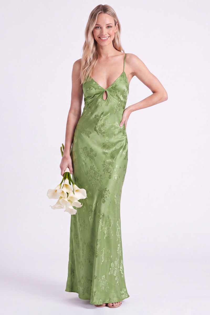 Laden Sie das Bild in den Galerie-Viewer, Meerjungfrau-Narzissen Blumen-Spaghetti-Träger Schlüsselloch Langes Brautjungfernkleid