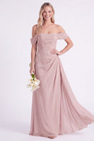 Laden Sie das Bild in den Galerie-Viewer, Schulterloses Chiffon-Stoff, gerafftes langes Brautjungfernkleid