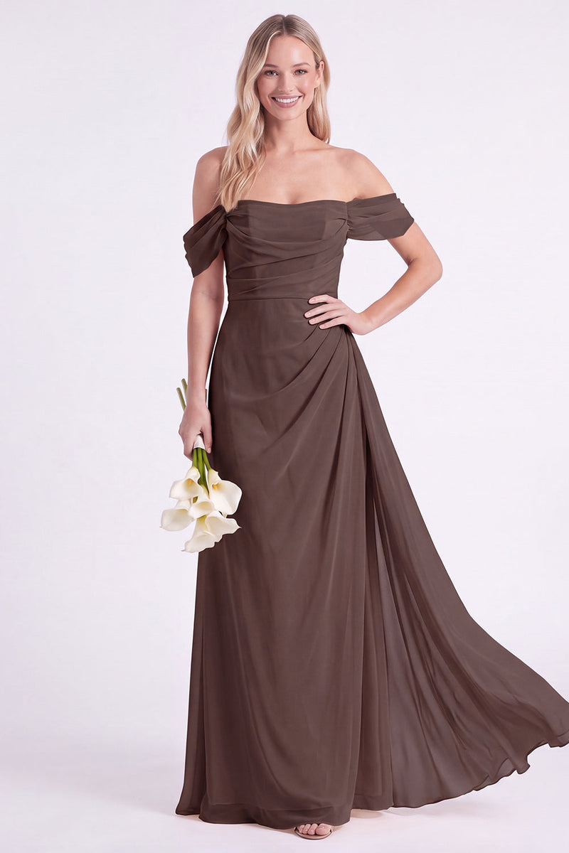 Laden Sie das Bild in den Galerie-Viewer, Schulterloses Chiffon-Stoff, gerafftes langes Brautjungfernkleid