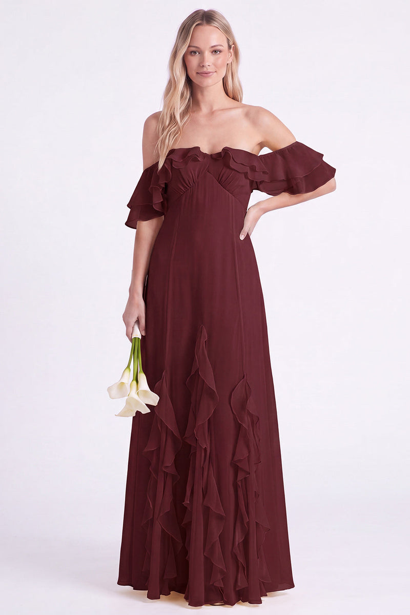 Laden Sie das Bild in den Galerie-Viewer, Schulterloses Narzissen-Chiffon mit Rüschen langes Brautjungfernkleid