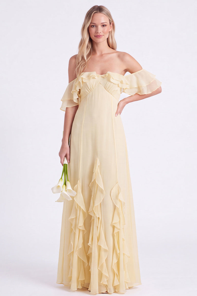 Laden Sie das Bild in den Galerie-Viewer, Schulterloses Narzissen-Chiffon mit Rüschen langes Brautjungfernkleid