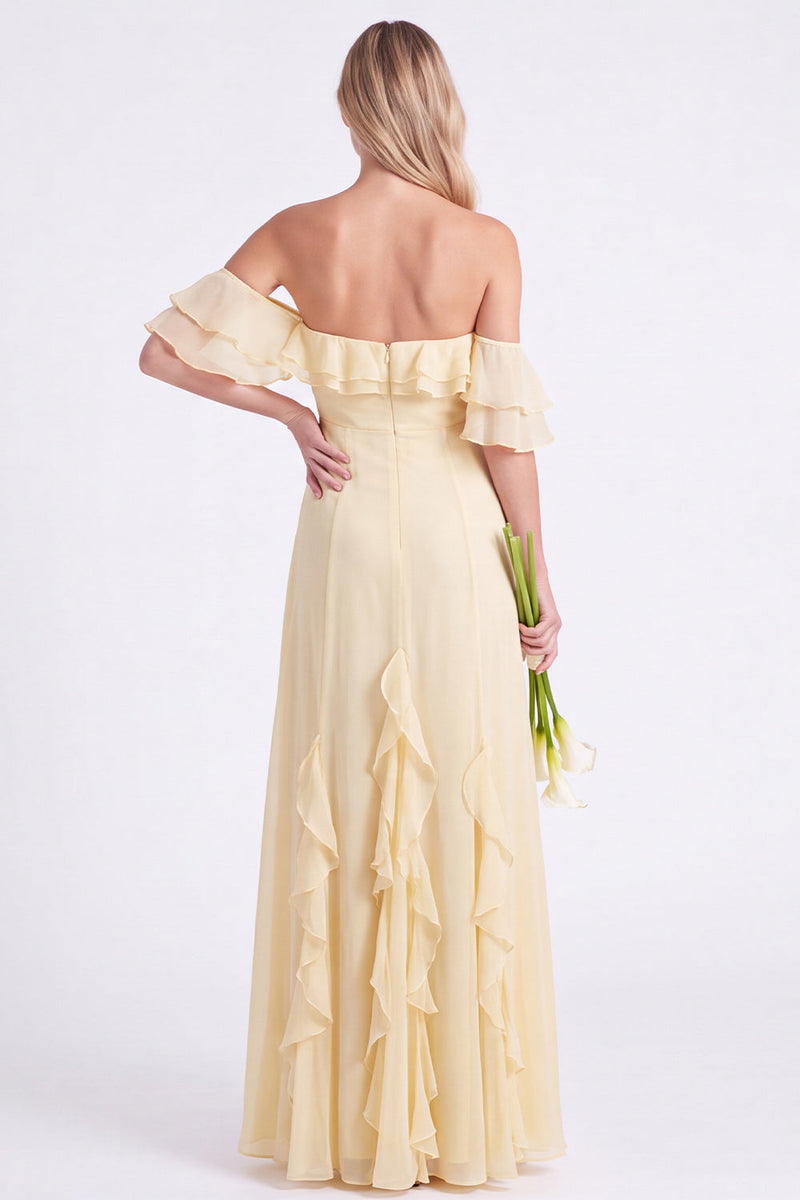 Laden Sie das Bild in den Galerie-Viewer, Schulterloses Narzissen-Chiffon mit Rüschen langes Brautjungfernkleid
