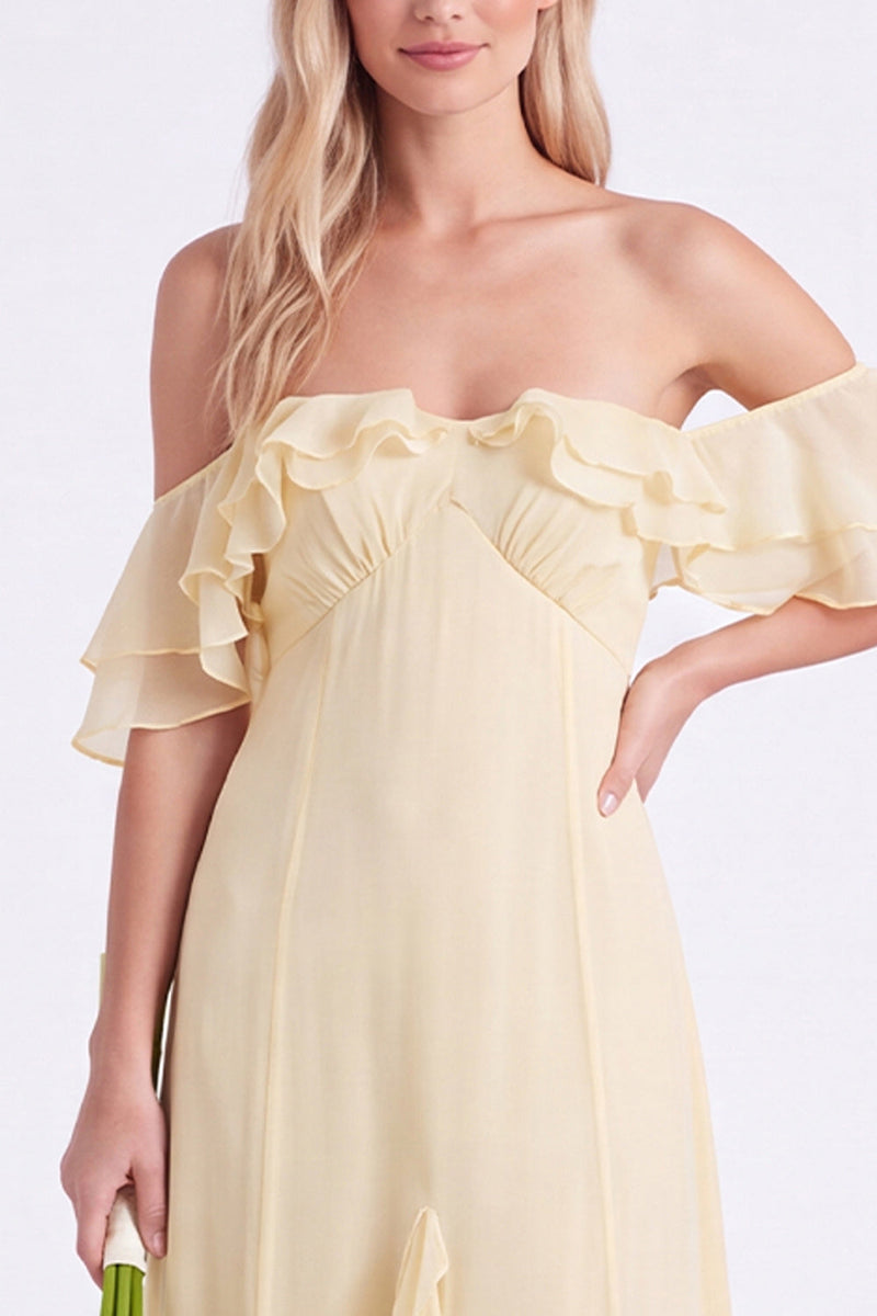 Laden Sie das Bild in den Galerie-Viewer, Schulterloses Narzissen-Chiffon mit Rüschen langes Brautjungfernkleid