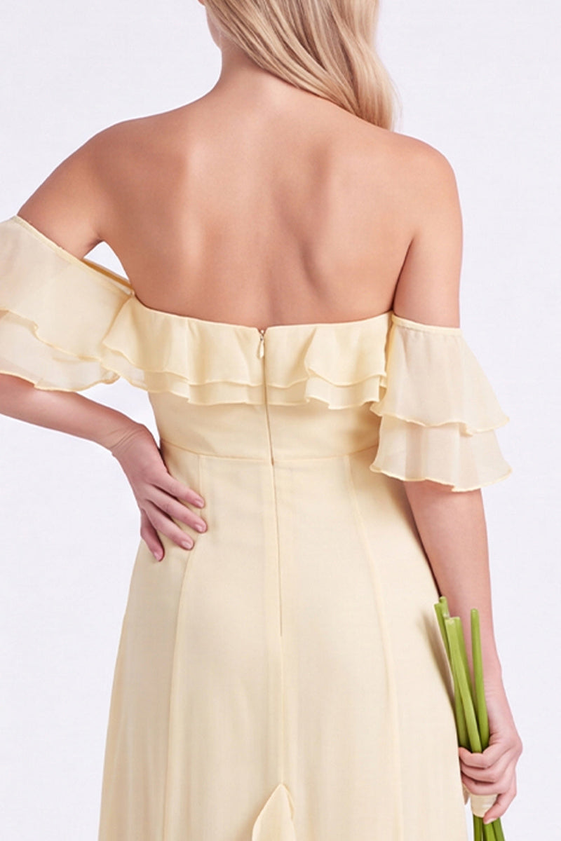 Laden Sie das Bild in den Galerie-Viewer, Schulterloses Narzissen-Chiffon mit Rüschen langes Brautjungfernkleid