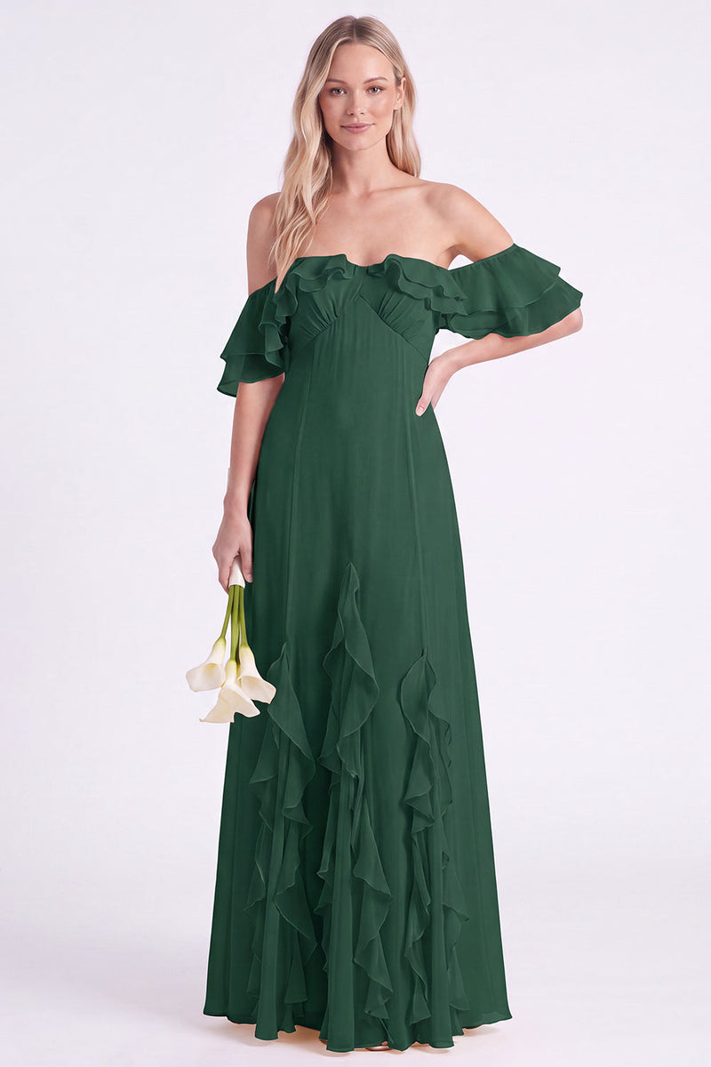 Laden Sie das Bild in den Galerie-Viewer, Schulterloses Narzissen-Chiffon mit Rüschen langes Brautjungfernkleid