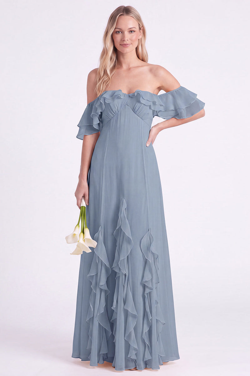 Laden Sie das Bild in den Galerie-Viewer, Schulterloses Narzissen-Chiffon mit Rüschen langes Brautjungfernkleid