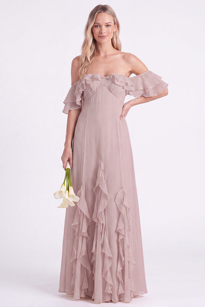 Laden Sie das Bild in den Galerie-Viewer, Schulterloses Narzissen-Chiffon mit Rüschen langes Brautjungfernkleid