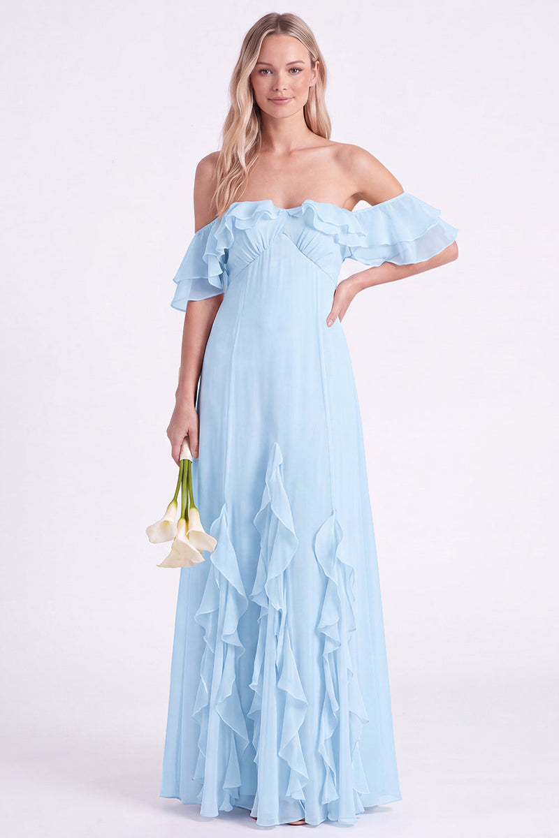 Laden Sie das Bild in den Galerie-Viewer, Schulterloses Narzissen-Chiffon mit Rüschen langes Brautjungfernkleid