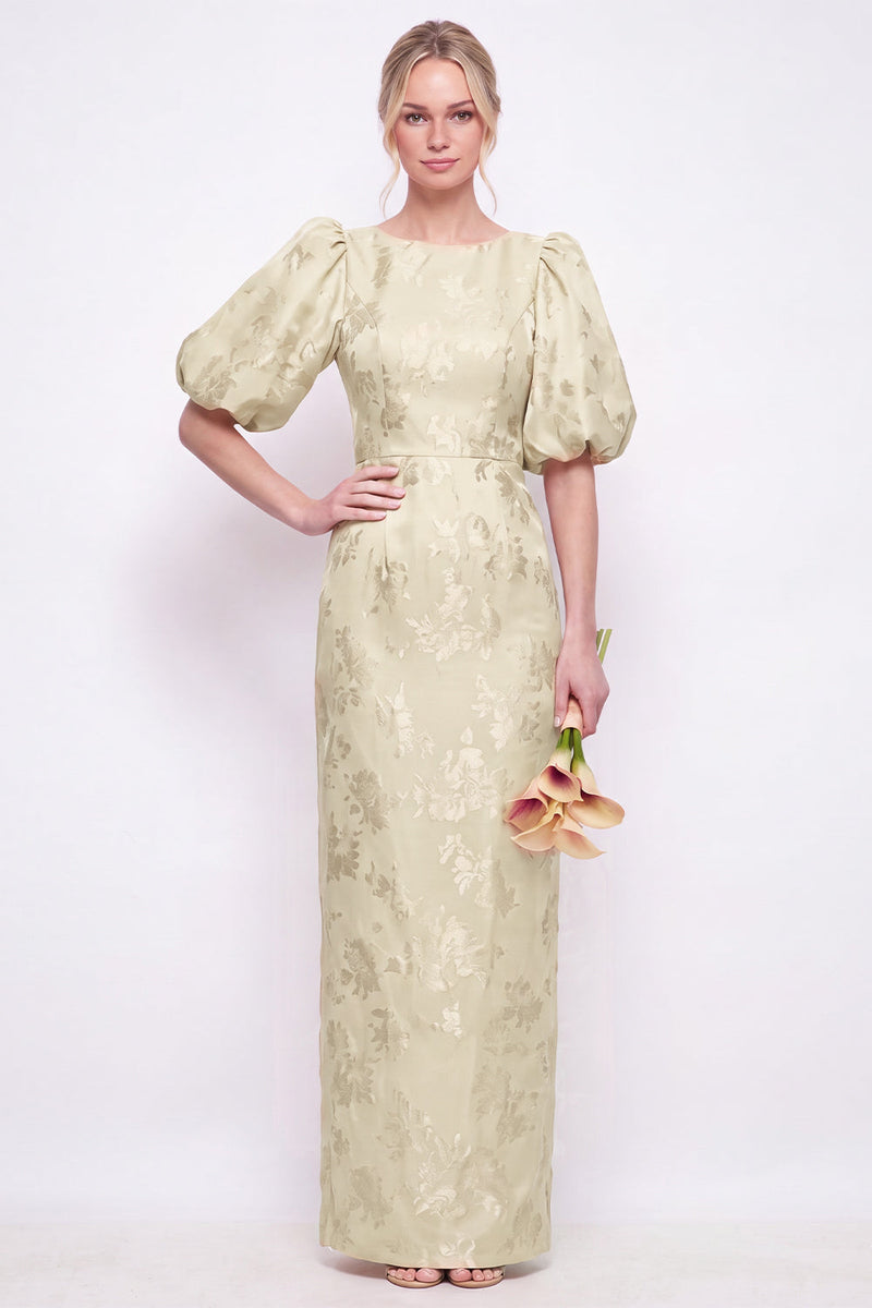 Laden Sie das Bild in den Galerie-Viewer, Rougerosa Bodycon Rundhals Blumen Puffärmel Langes Brautjungfernkleid mit Schlitz